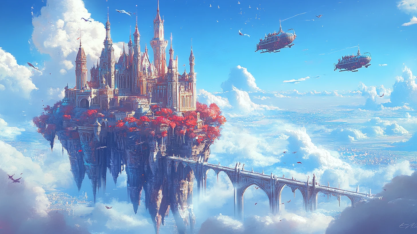 Vast fantasy castle on a crystal platform in sky