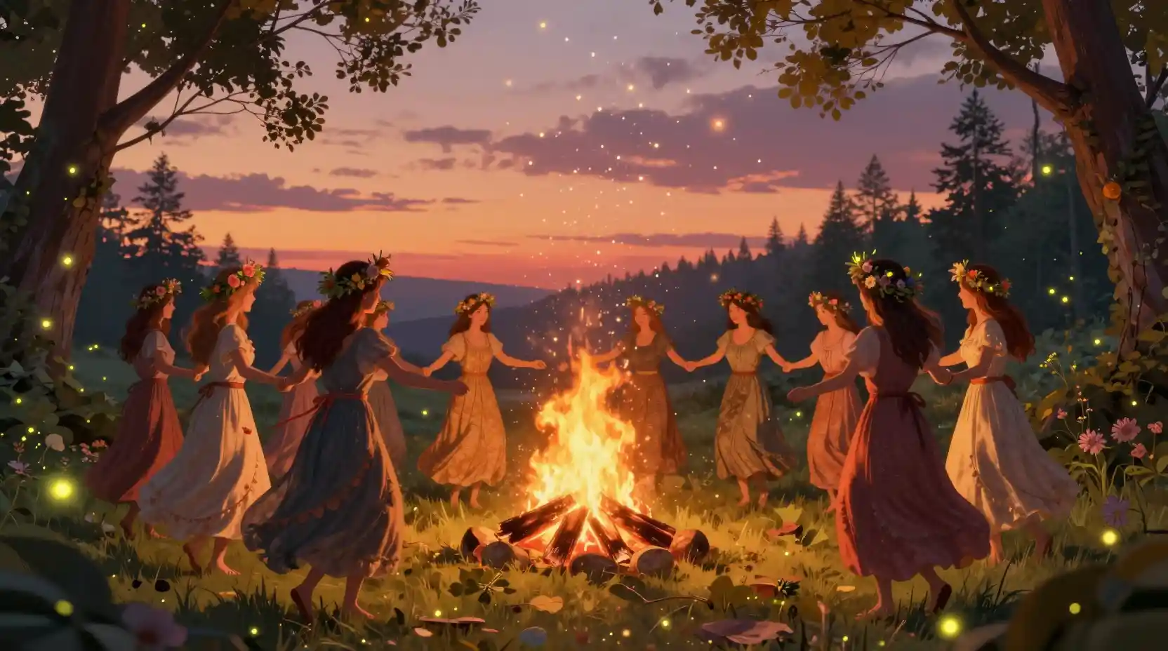 Nordic midsummer girls dancing around a glowing bonfire