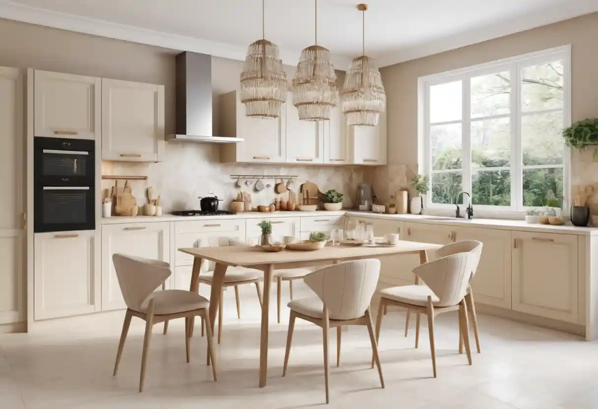 Japandi style kitchen with comfortable modern chairs