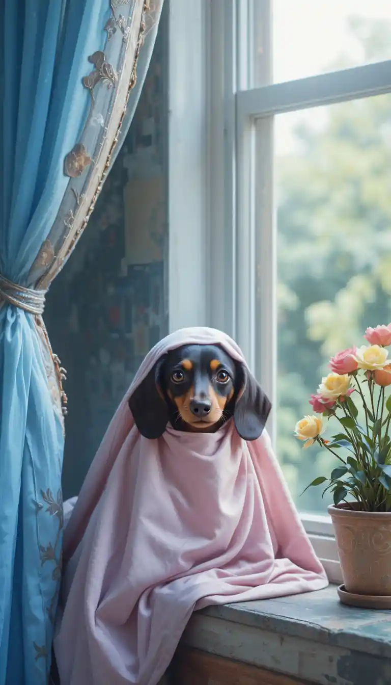 Cute dachshund peeking from satin blanket by window