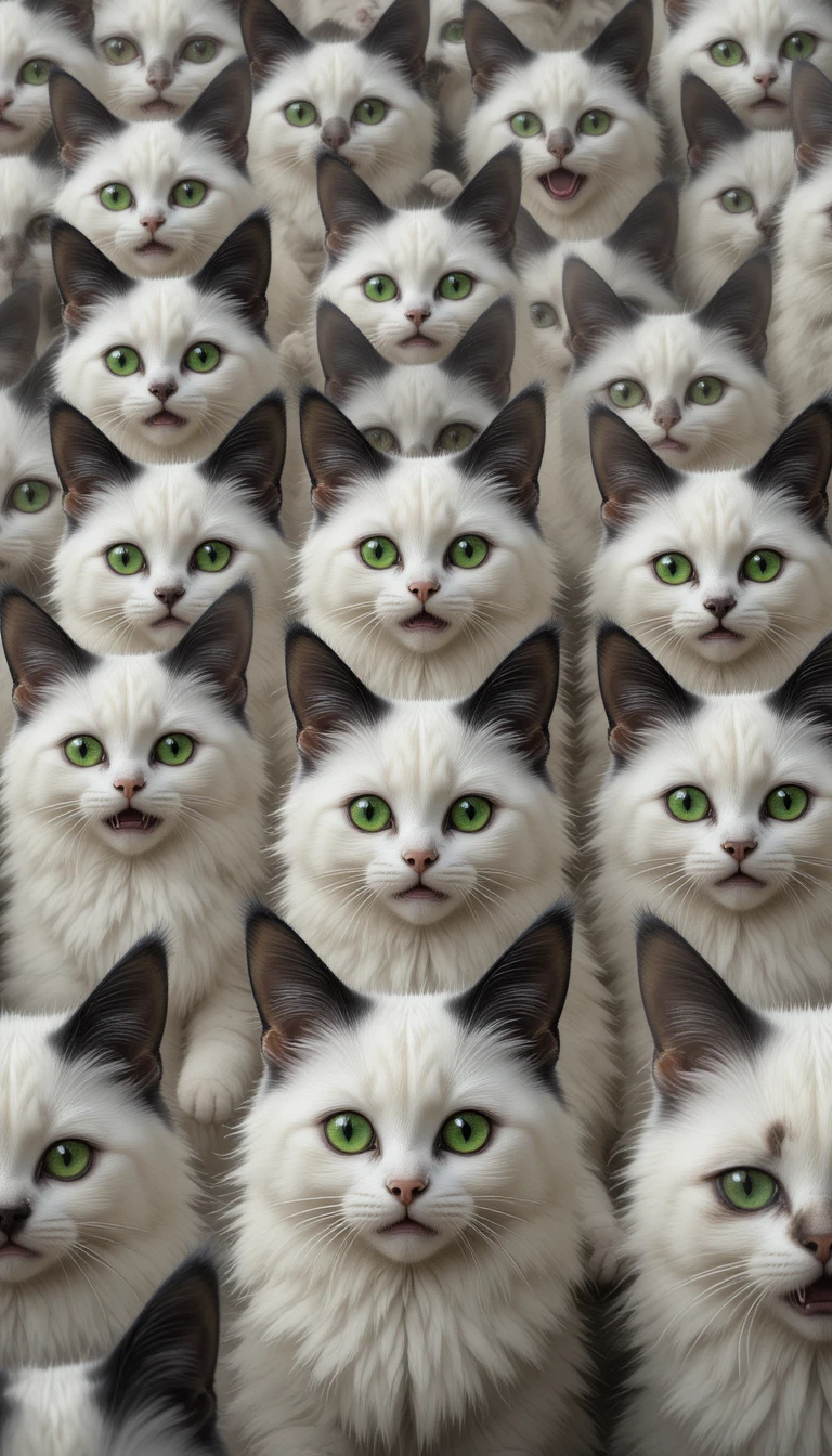 Crowd of fluffy white cats with green eyes and black ears