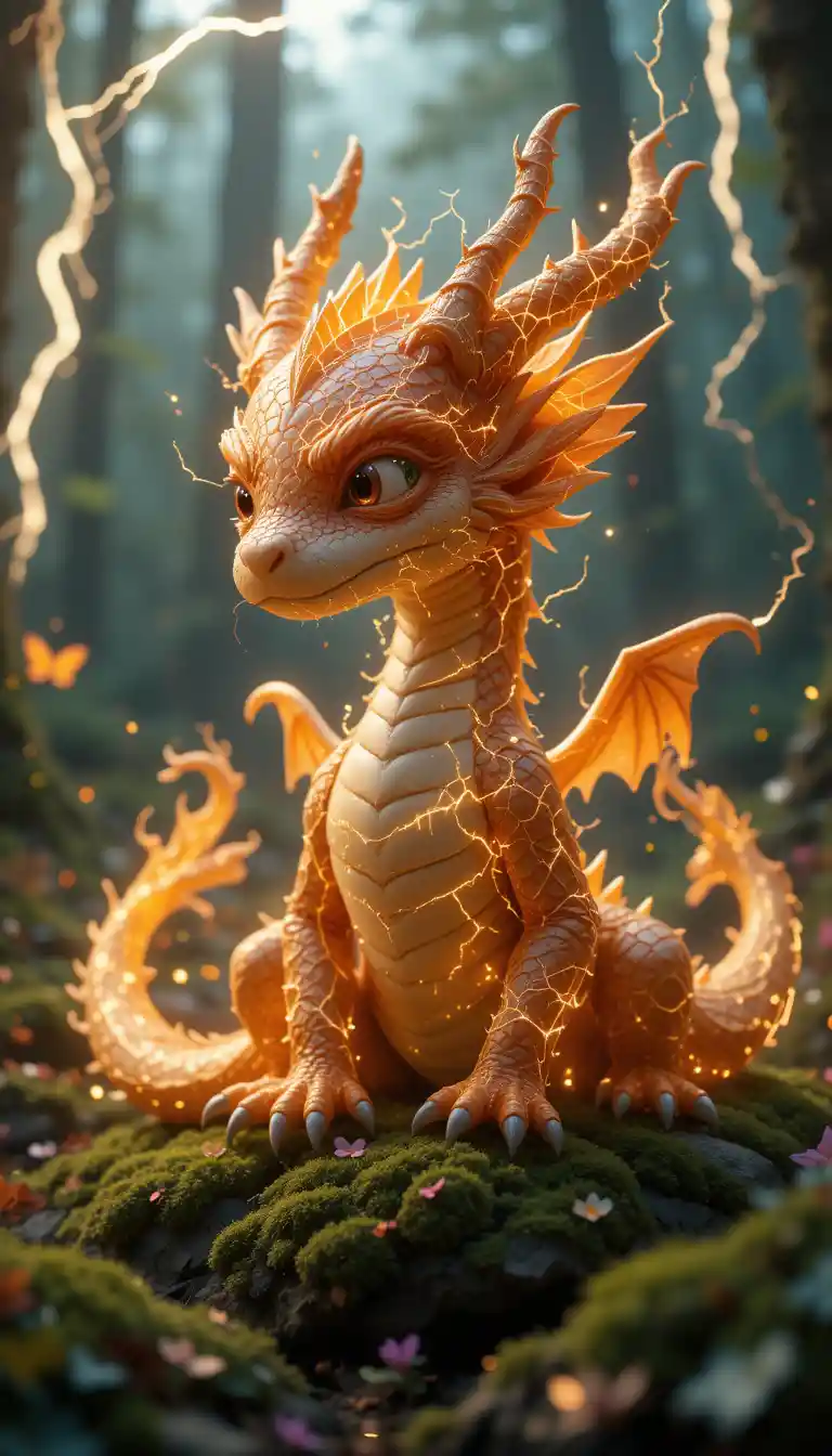 Majestic baby dragon guardian resting in a mystical forest