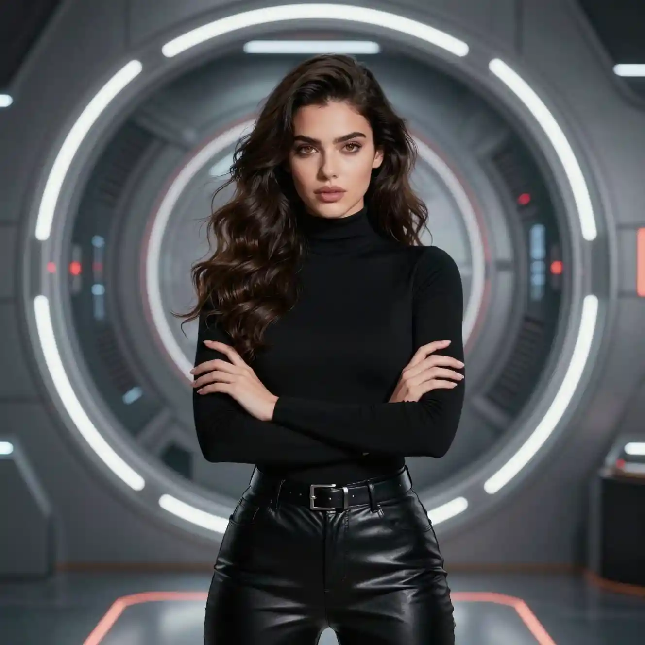 Confident woman in black leather before sci fi portal
