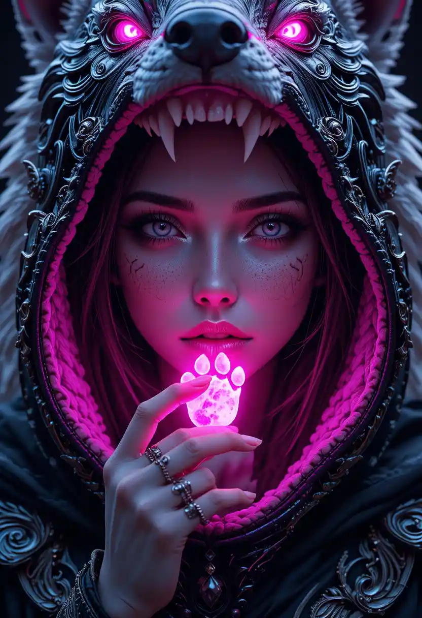 Mystical woman in wolf hood holding glowing pink emblem