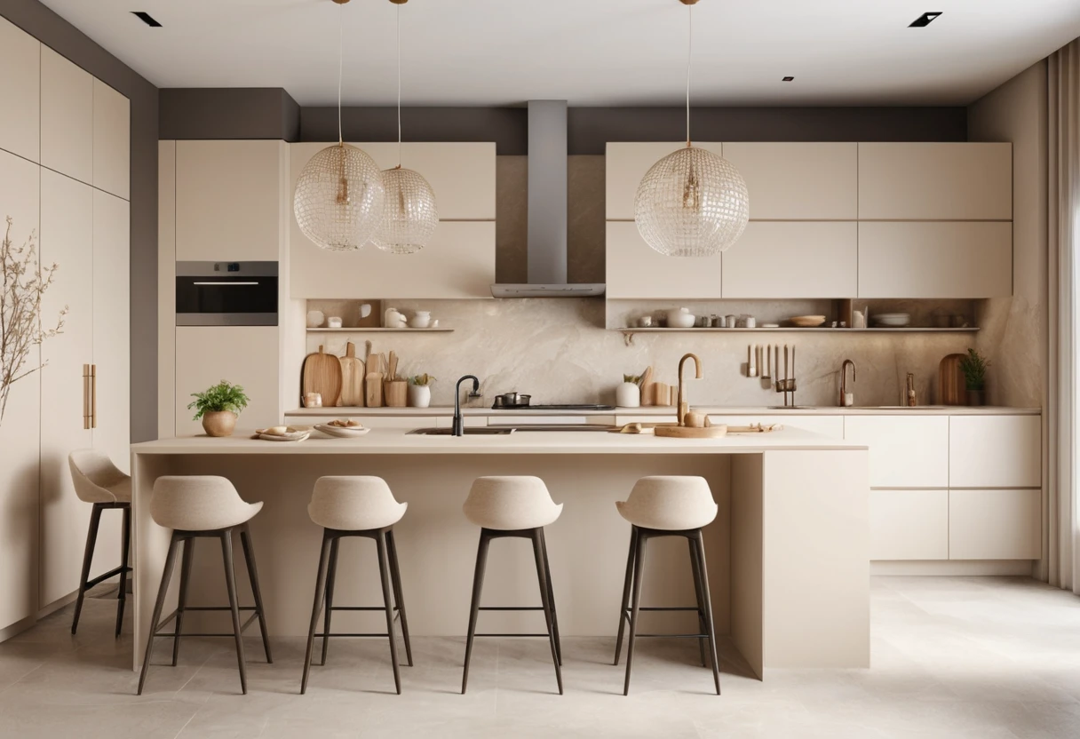Japandi kitchen interior with creamy beige accessories