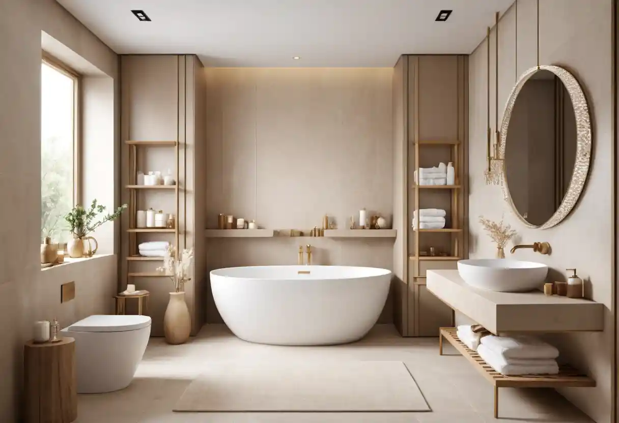 Japandi bathroom with creamy beige decorative accessories