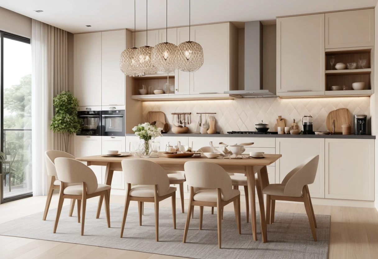 Japandi style kitchen with comfortable modern chairs