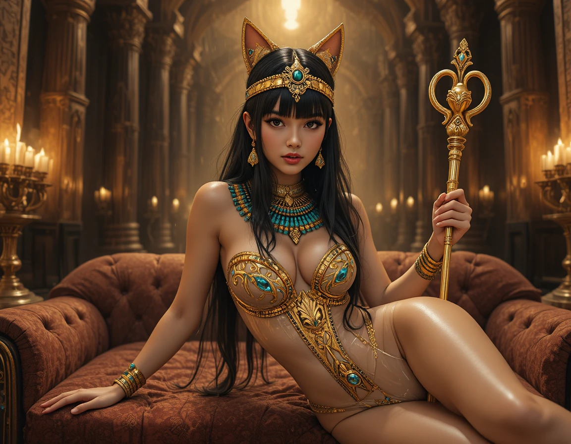 Seductive Egyptian queen on ornate royal couch