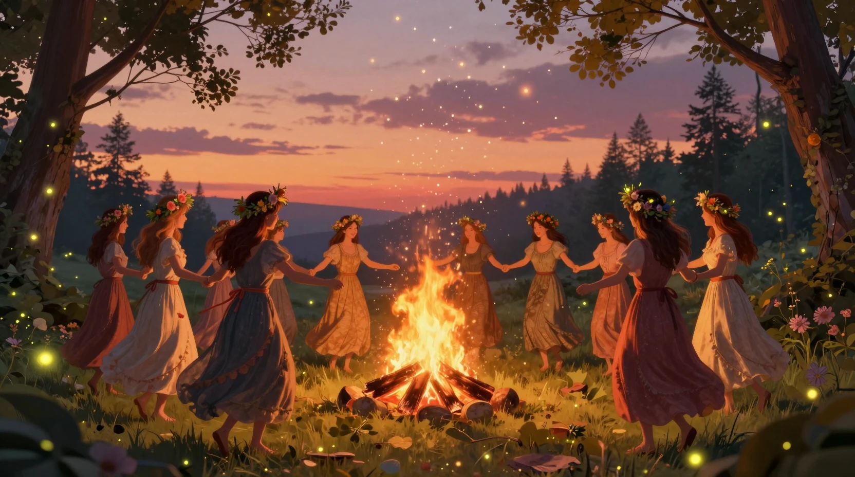 Nordic midsummer girls dancing around a glowing bonfire