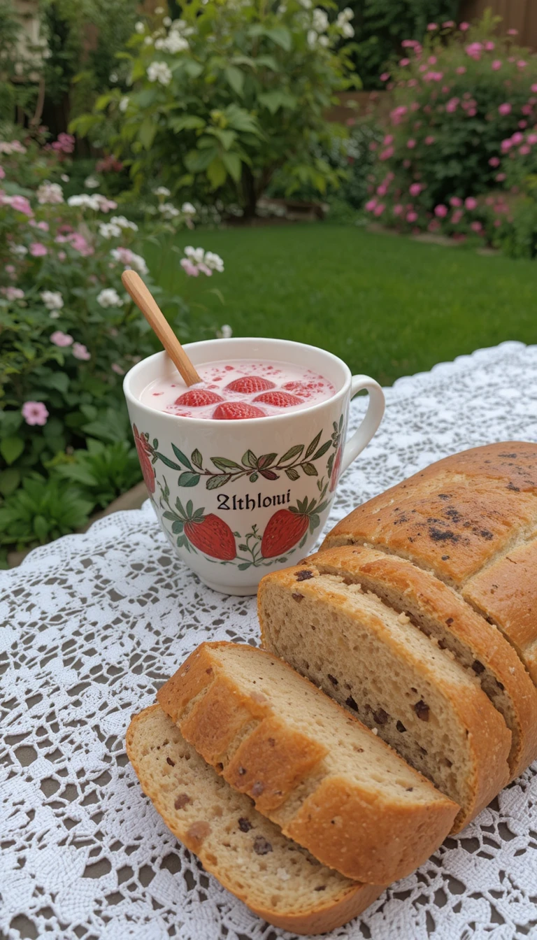 Folk Art Cup With Strawberries In Milk On Garden Table