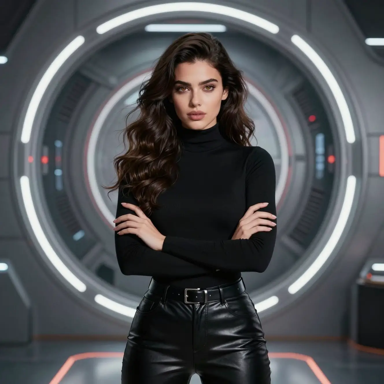 Confident woman in black leather before sci fi portal