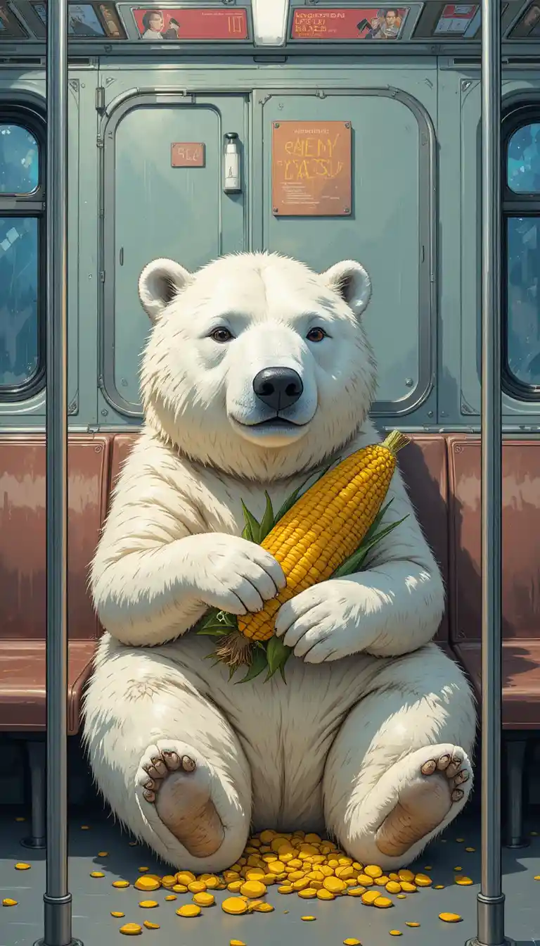 Cute polar bear riding a commuter train with popcorn