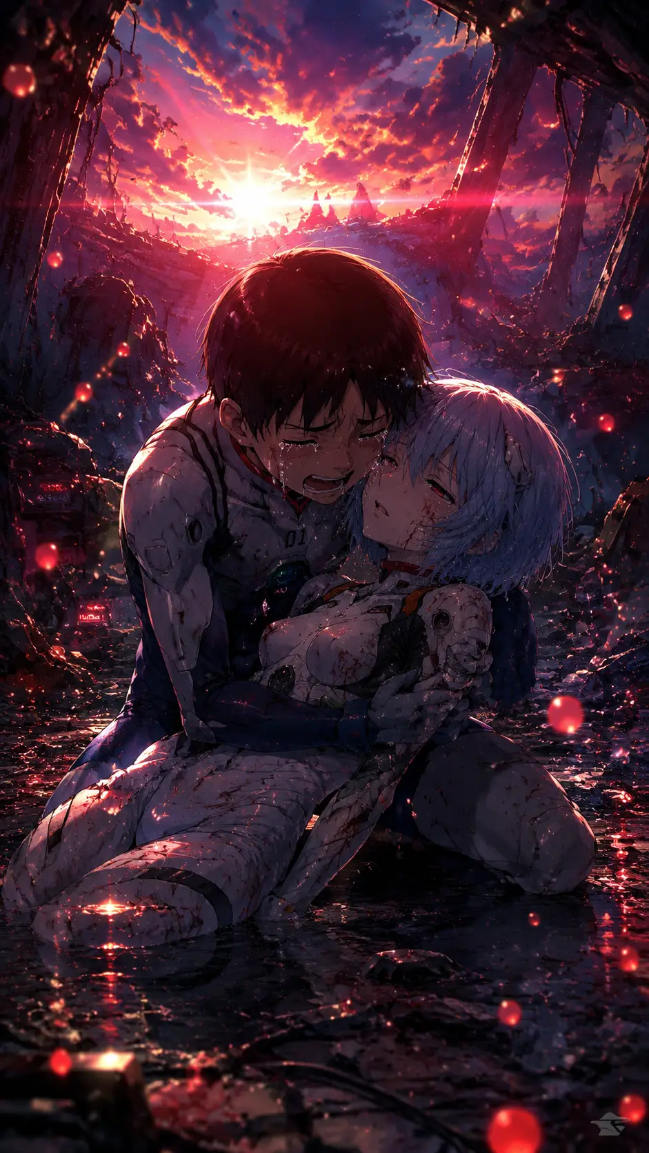 Crying pilot cradling injured girl in ruined cockpit