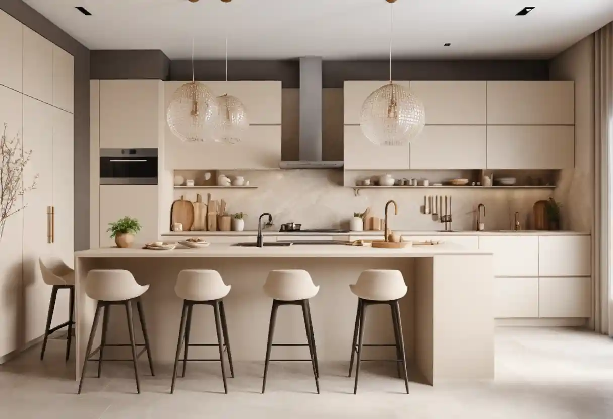 Japandi kitchen interior with creamy beige accessories