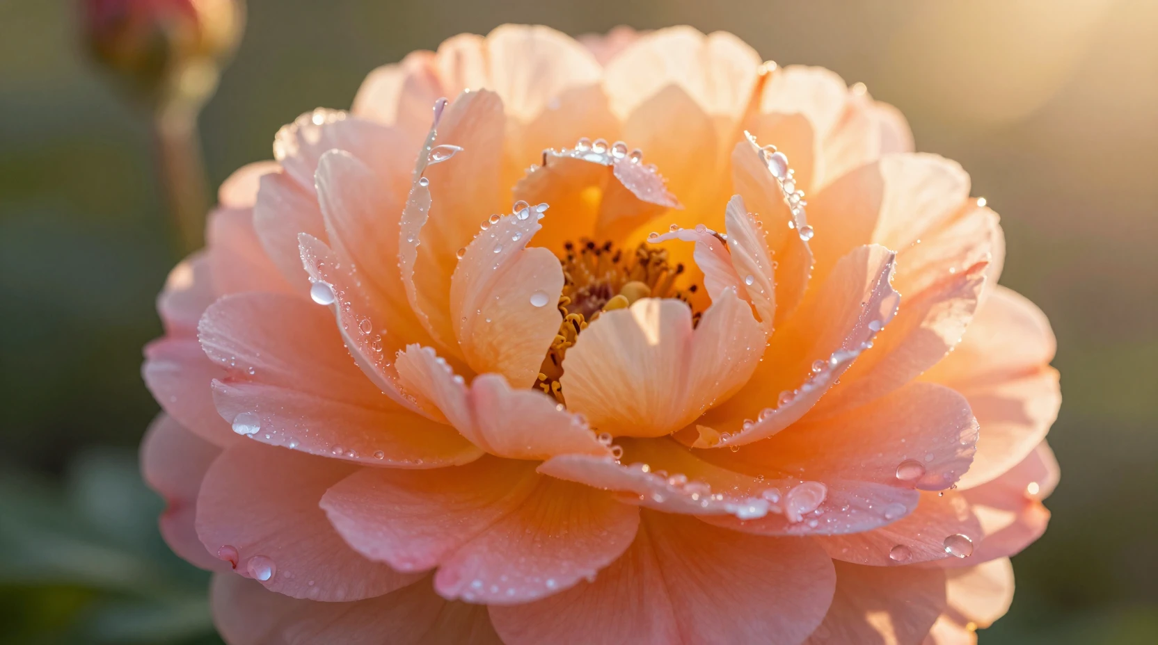 Macro flower close up with dewdrops at sunrise