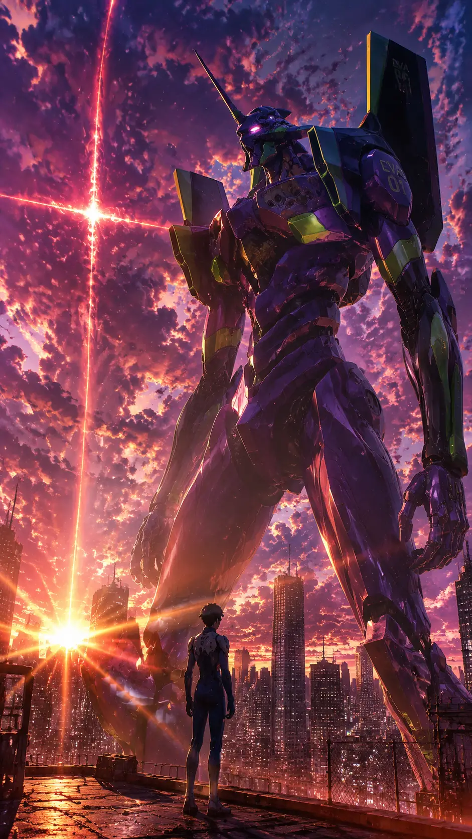Anime pilot facing towering mecha in futuristic city twilight