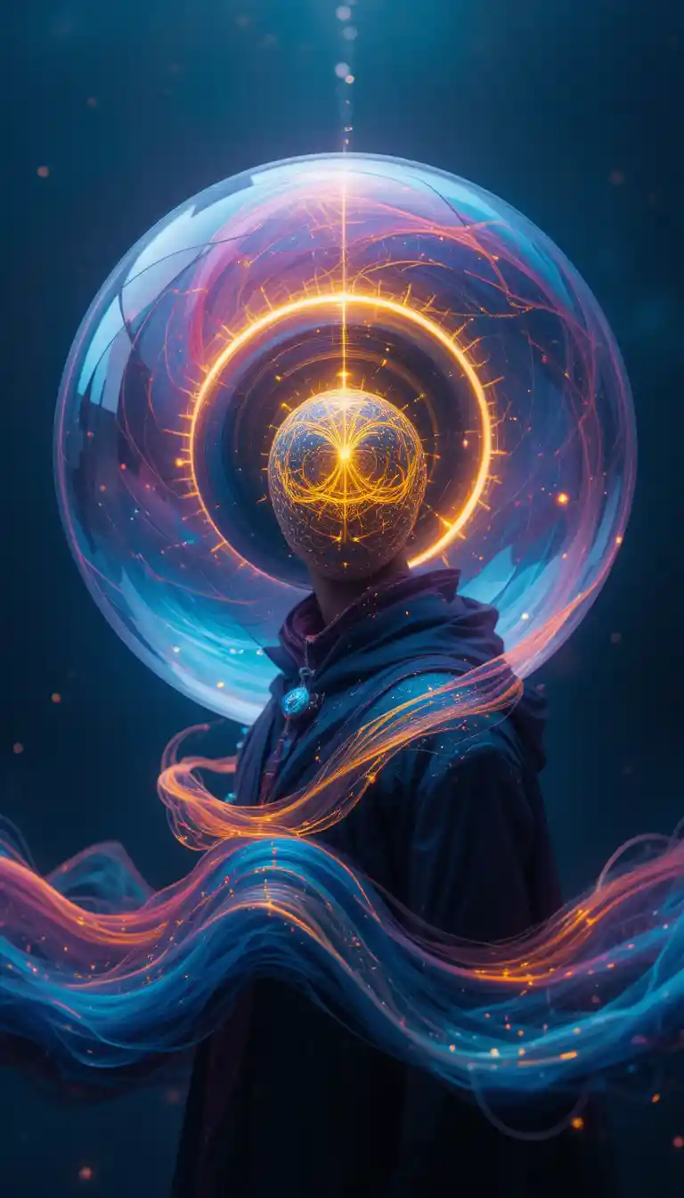 Double exposure character with glowing golden halo sphere
