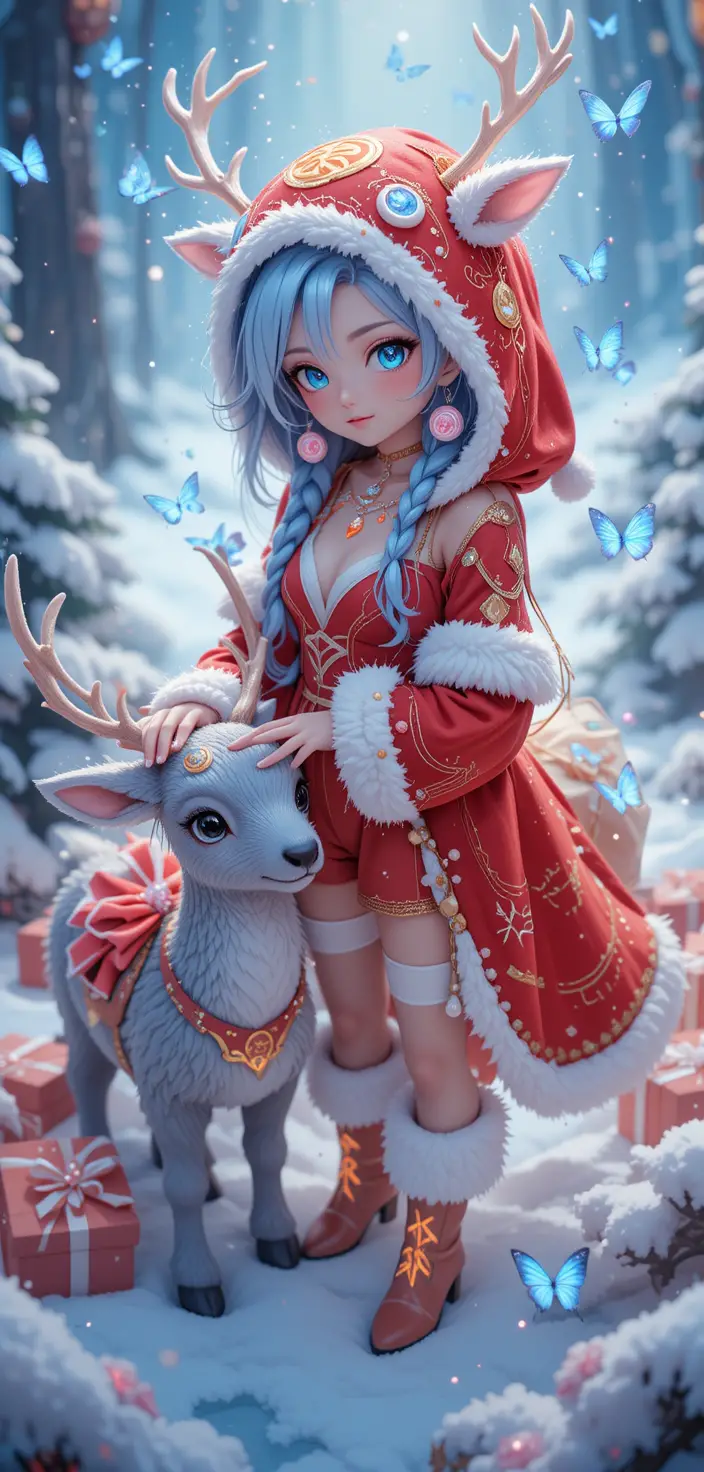 Anime-Rentiermädchen in verschneiter, magischer Weihnachtsfantasieszene