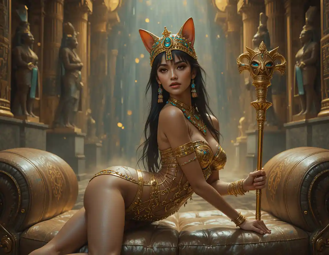 Seductive egyptian queen reclining on ornate royal couch