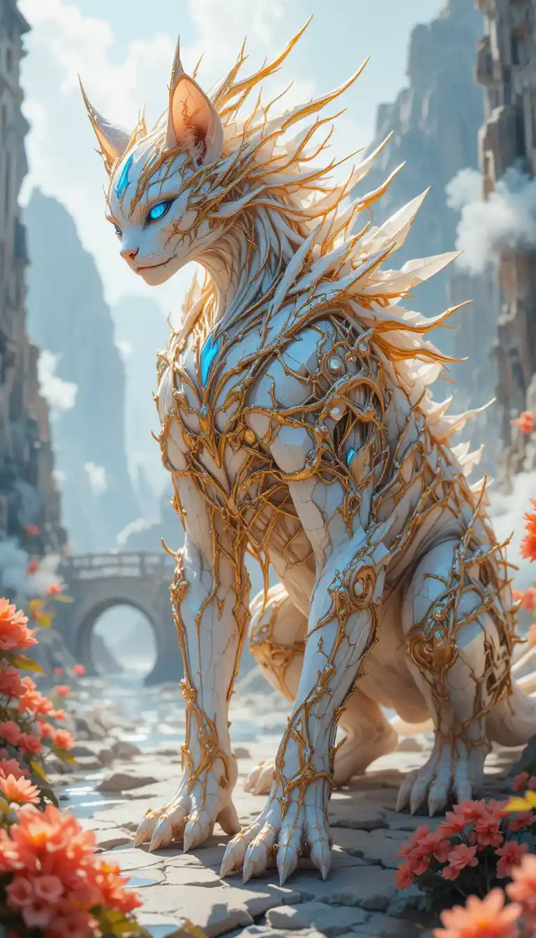 Graceful Mythical Creature Beside A White Palace River Bridge