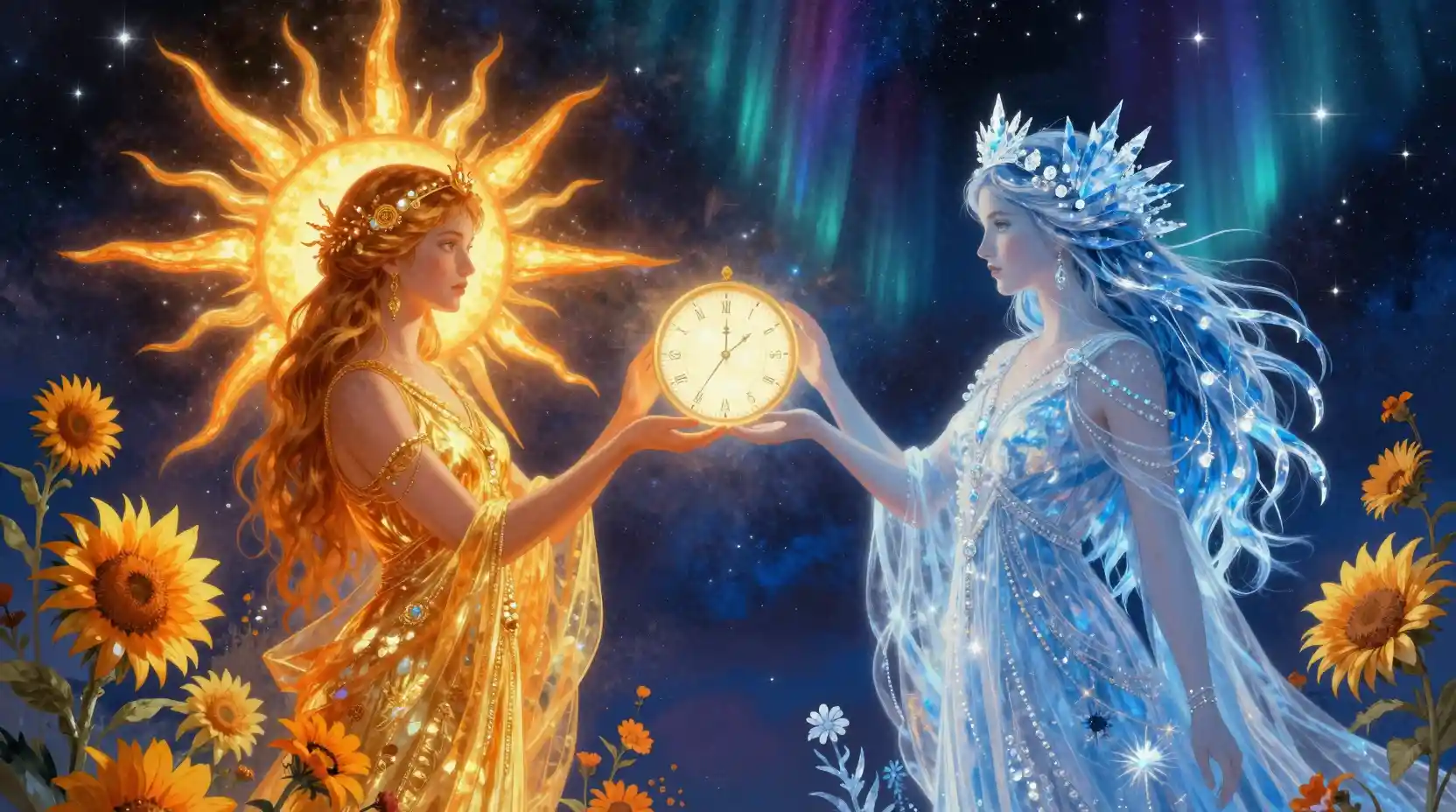 Celestial twin goddesses of the solstice meeting in cosmos