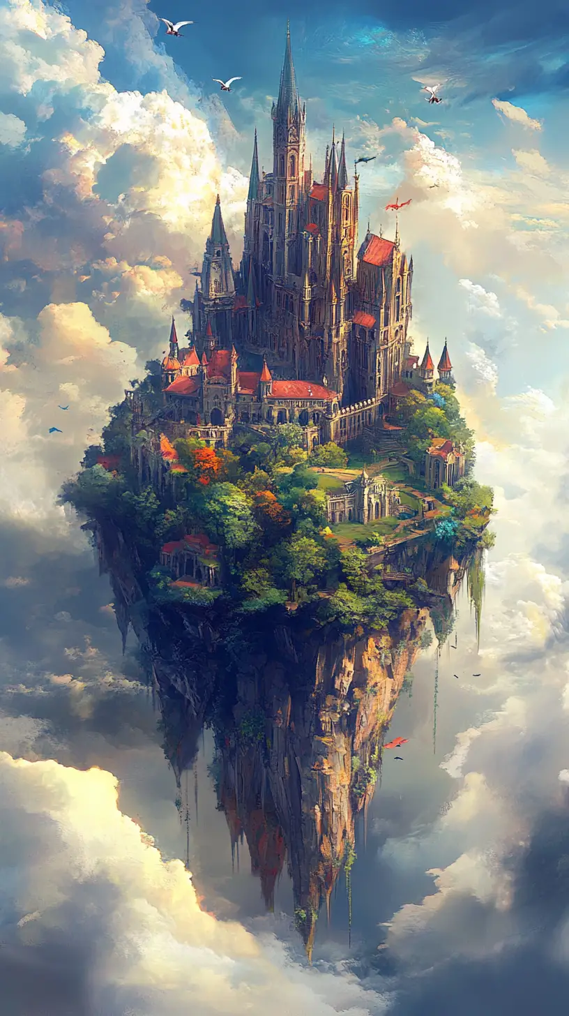 Vast floating castle rising among bright enchanted clouds