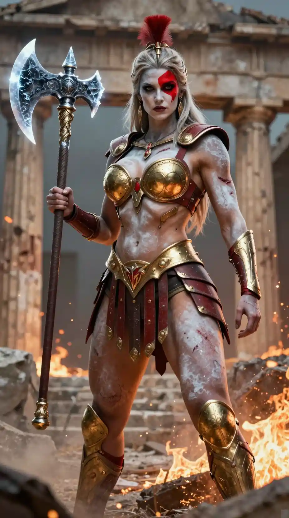 Warrior queen in armor amid burning temple ruins