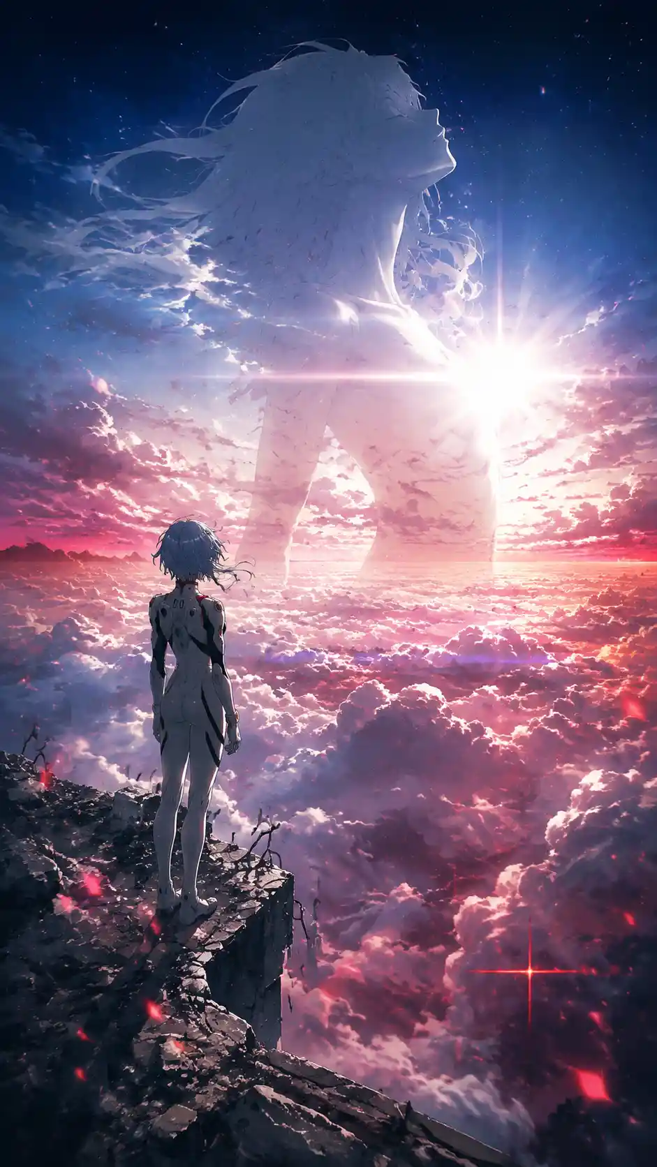 Anime woman on cliff above crimson cloud ocean