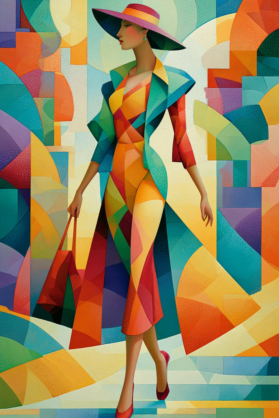 Pintura geométrica de una mujer caminando por una ciudad de verano