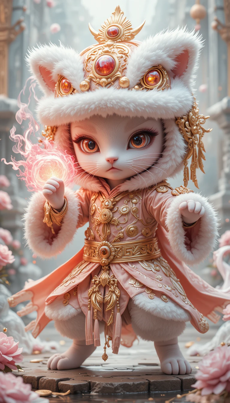 Martial spirit kitten in ornate lion dance hood