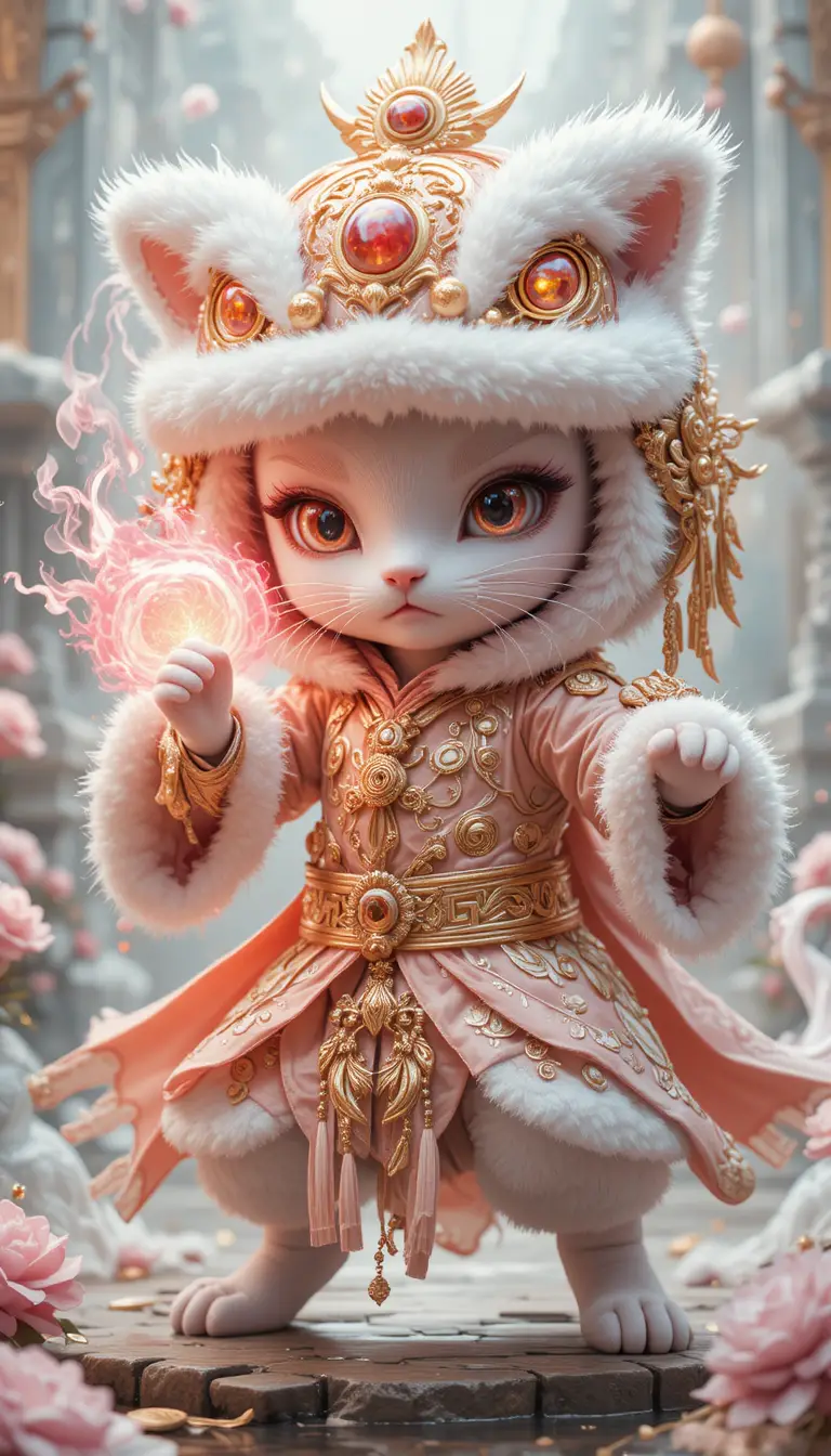 Martial spirit kitten in ornate lion dance hood