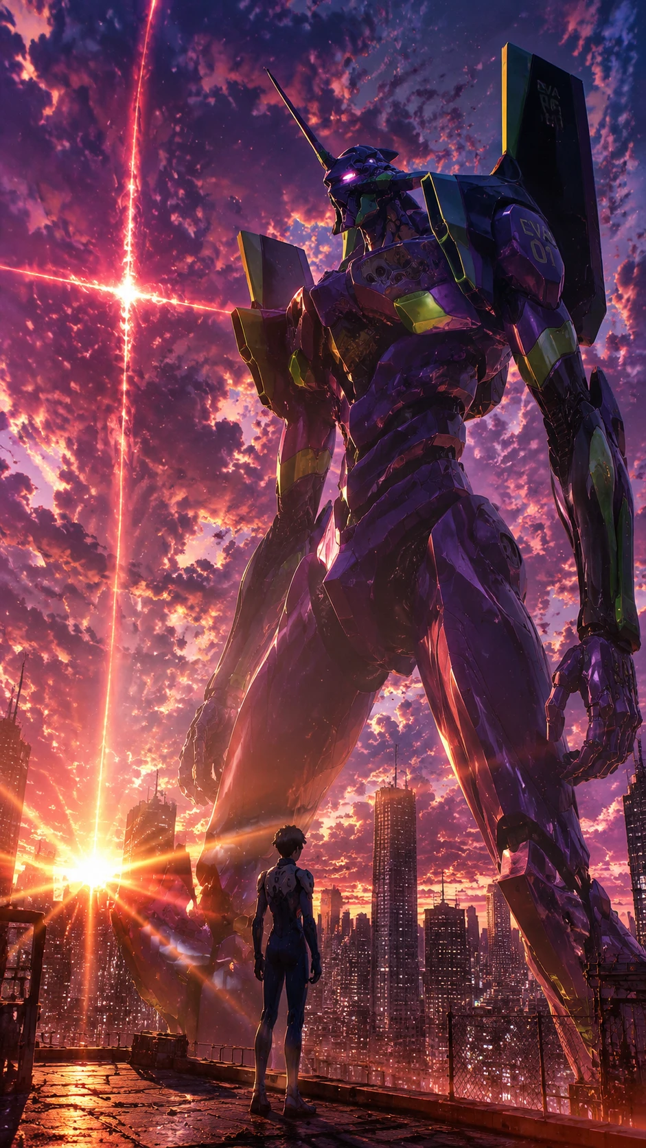 Piloto de anime frente a un mecha gigantesco al atardecer en ciudad futurista