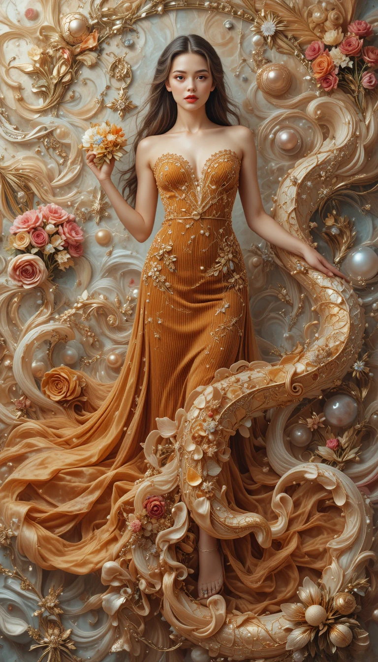 Fantasy transparent shell with gold fluid and gemstone details