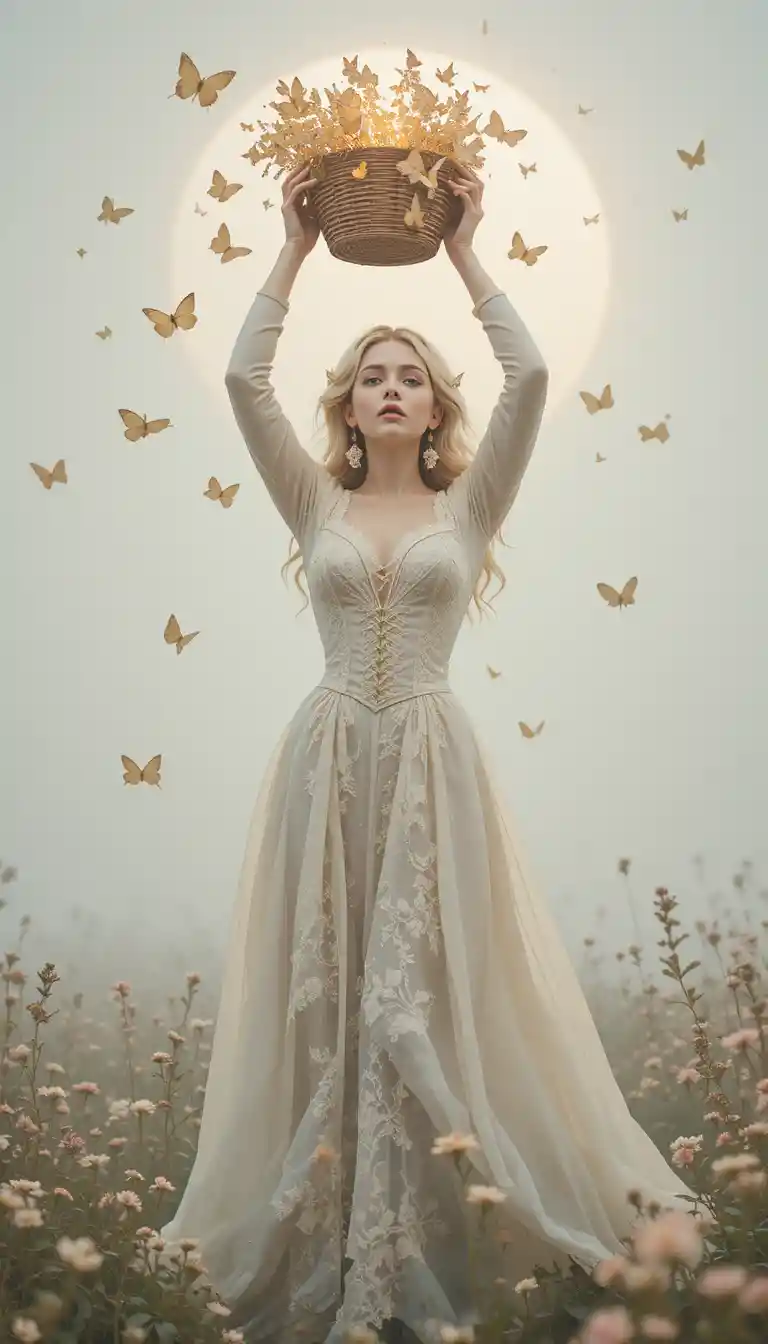 Victorian woman catching golden butterflies in soft wildflower field