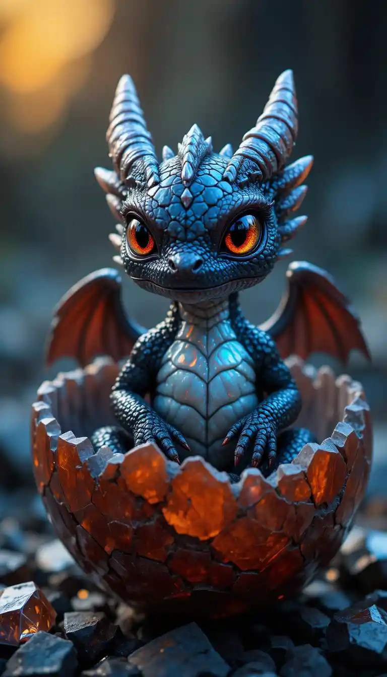 Baby dragon hatching from jeweled obsidian egg at night