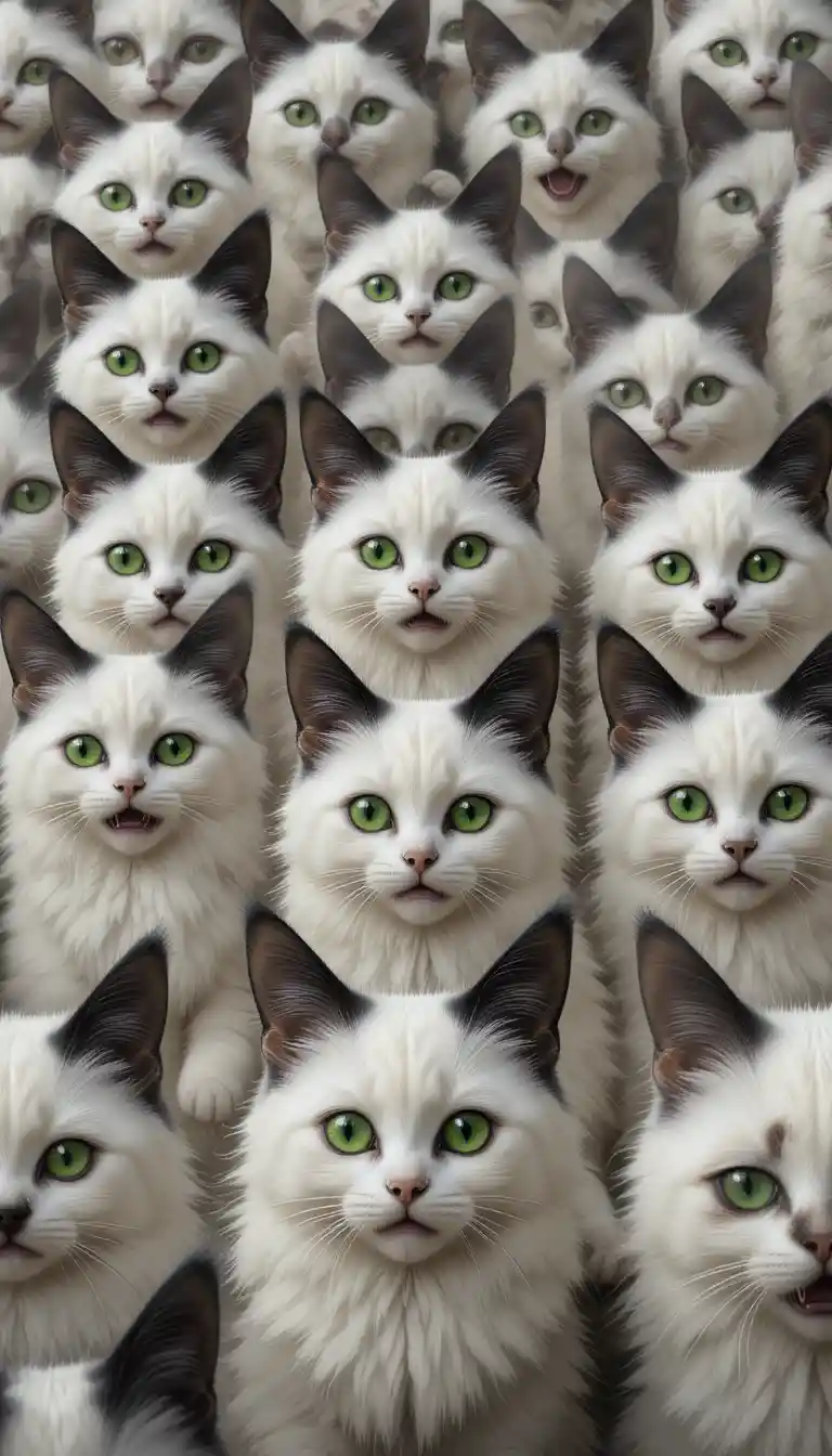 Crowd of fluffy white cats with green eyes and black ears