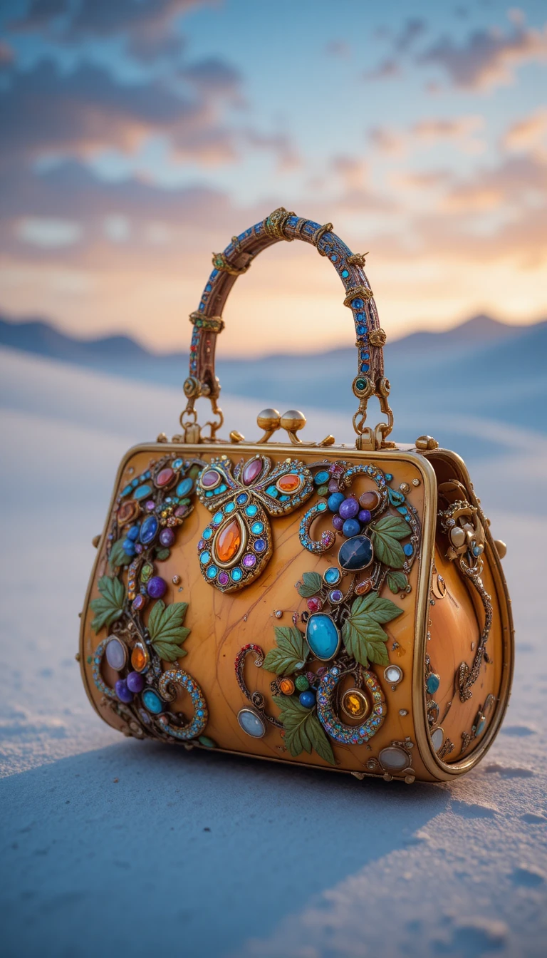 Surreal close up of a mango handbag in a white desert