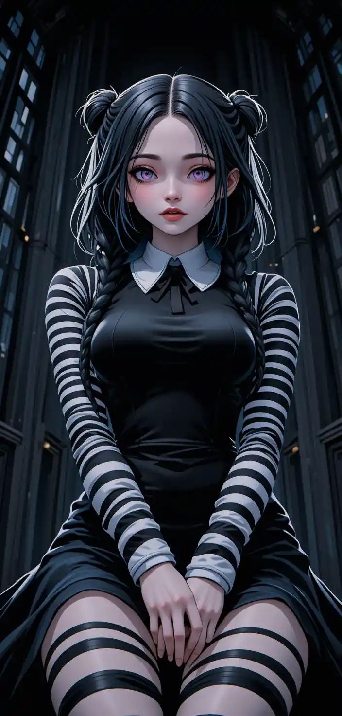 Anime girl in black dress with striped sleeves and stockings