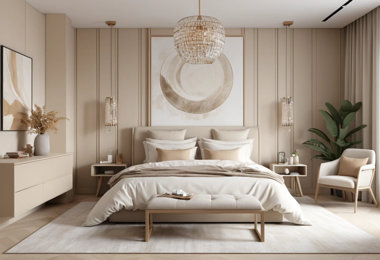 Minimal japandi bedroom with soft beige accessories