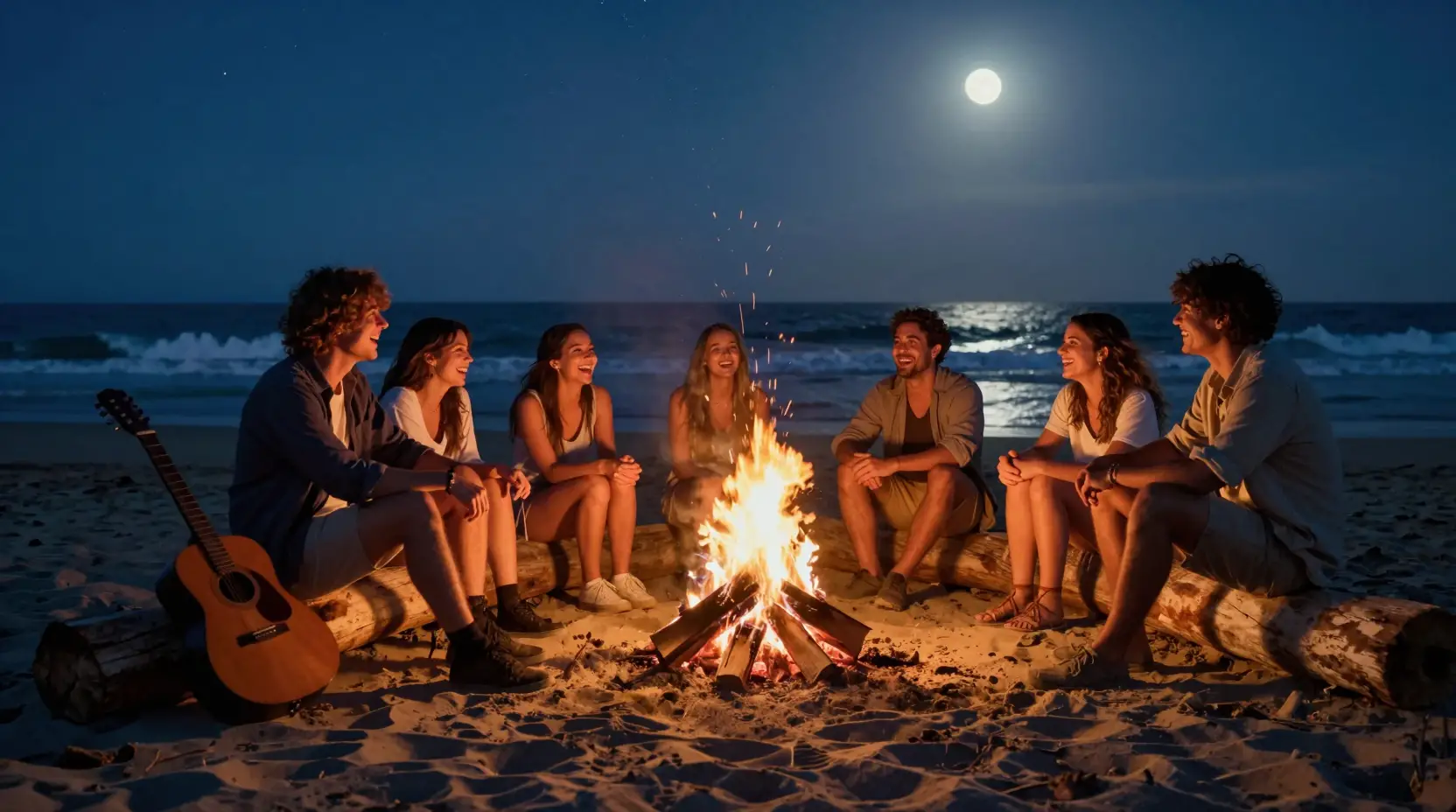 Friends Sharing A Nighttime Beach Bonfire Under The Stars
