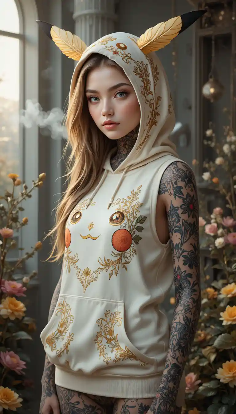 Tattooed girl in white pikachu hoodie in soft indoor light