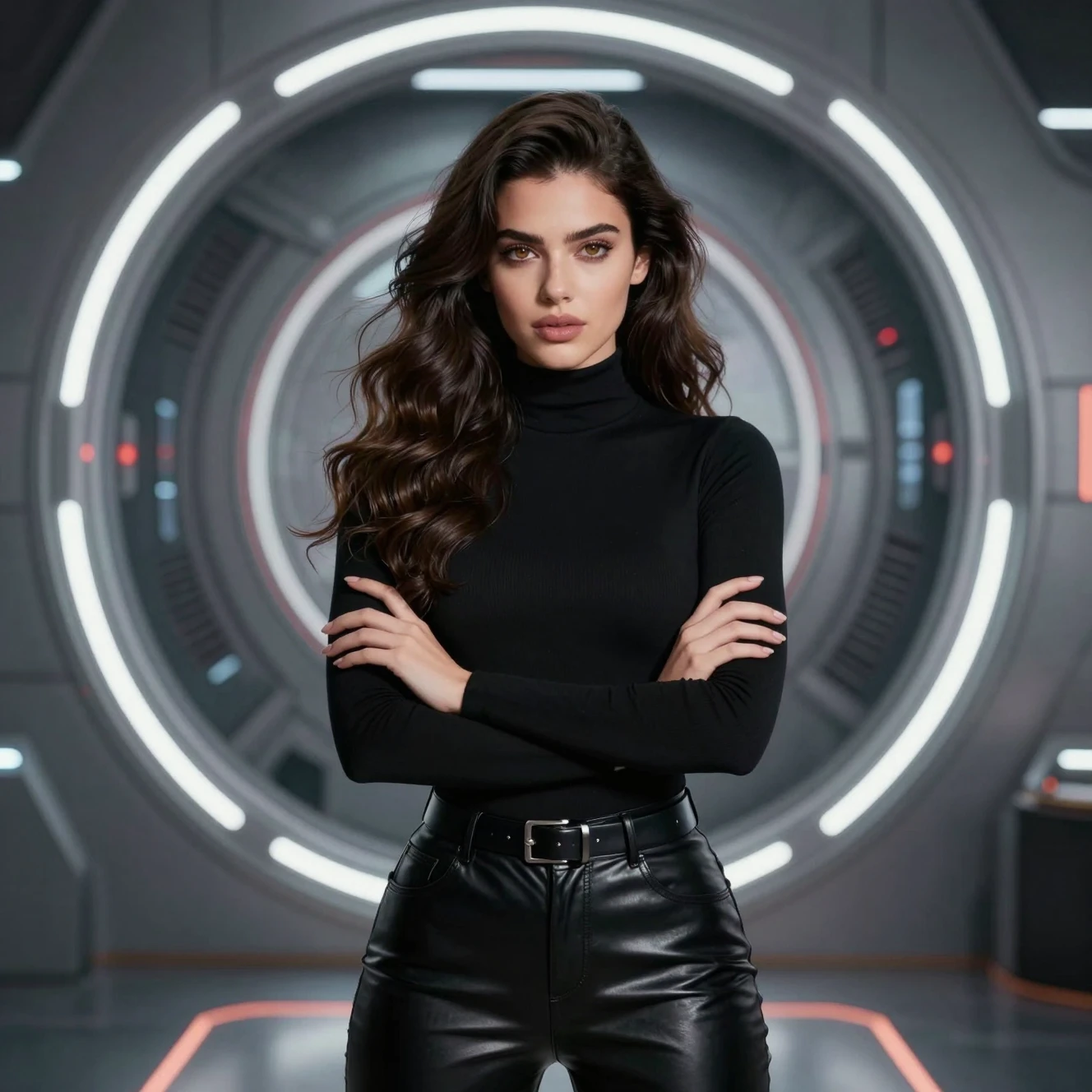 Confident woman in black leather before sci fi portal
