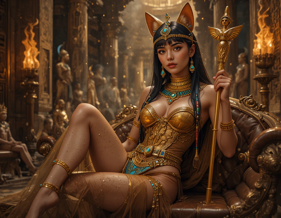 Egyptian queen reclining on ornate royal couch