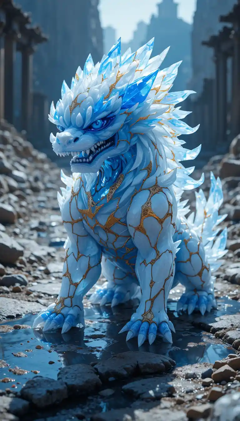 Spiked Lion Dance Beast In Low Attack Pose On Rocks