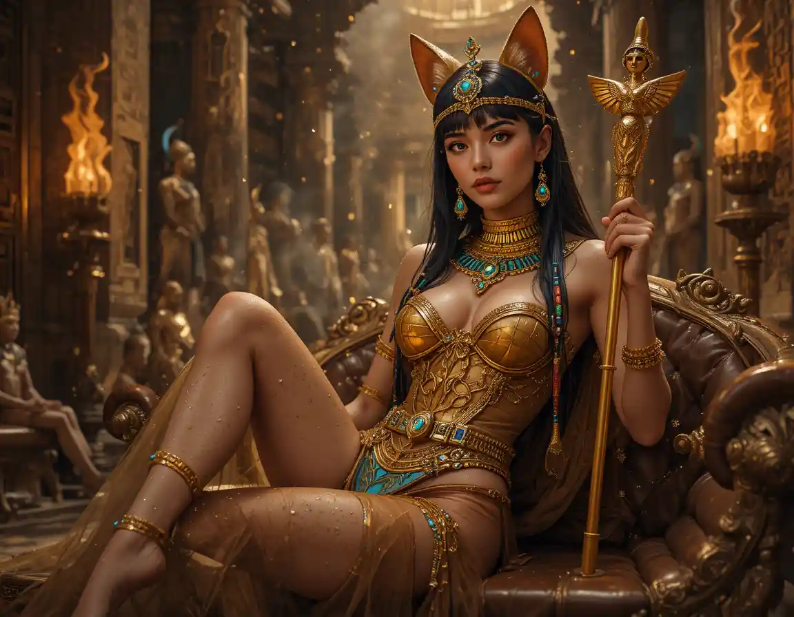 Egyptian queen reclining on ornate royal couch