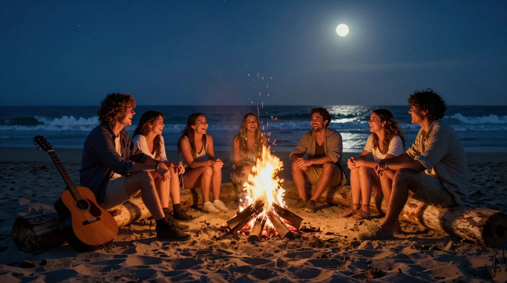 Friends Sharing A Nighttime Beach Bonfire Under The Stars