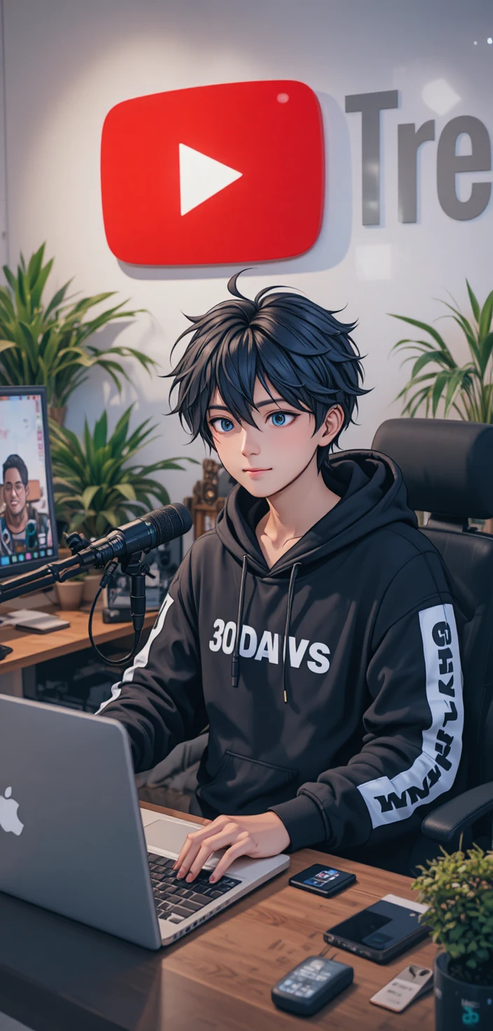 Anime boy at computer desk with studio microphone