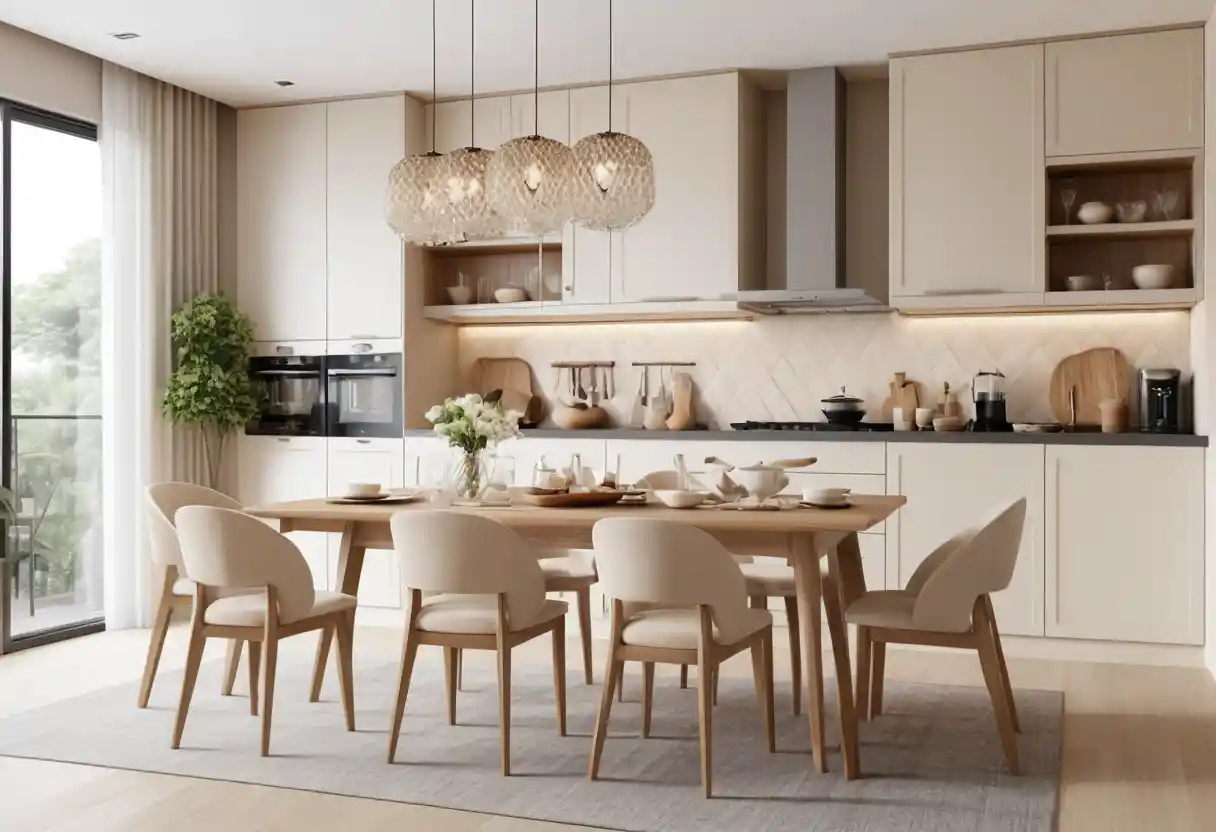 Japandi style kitchen with comfortable modern chairs