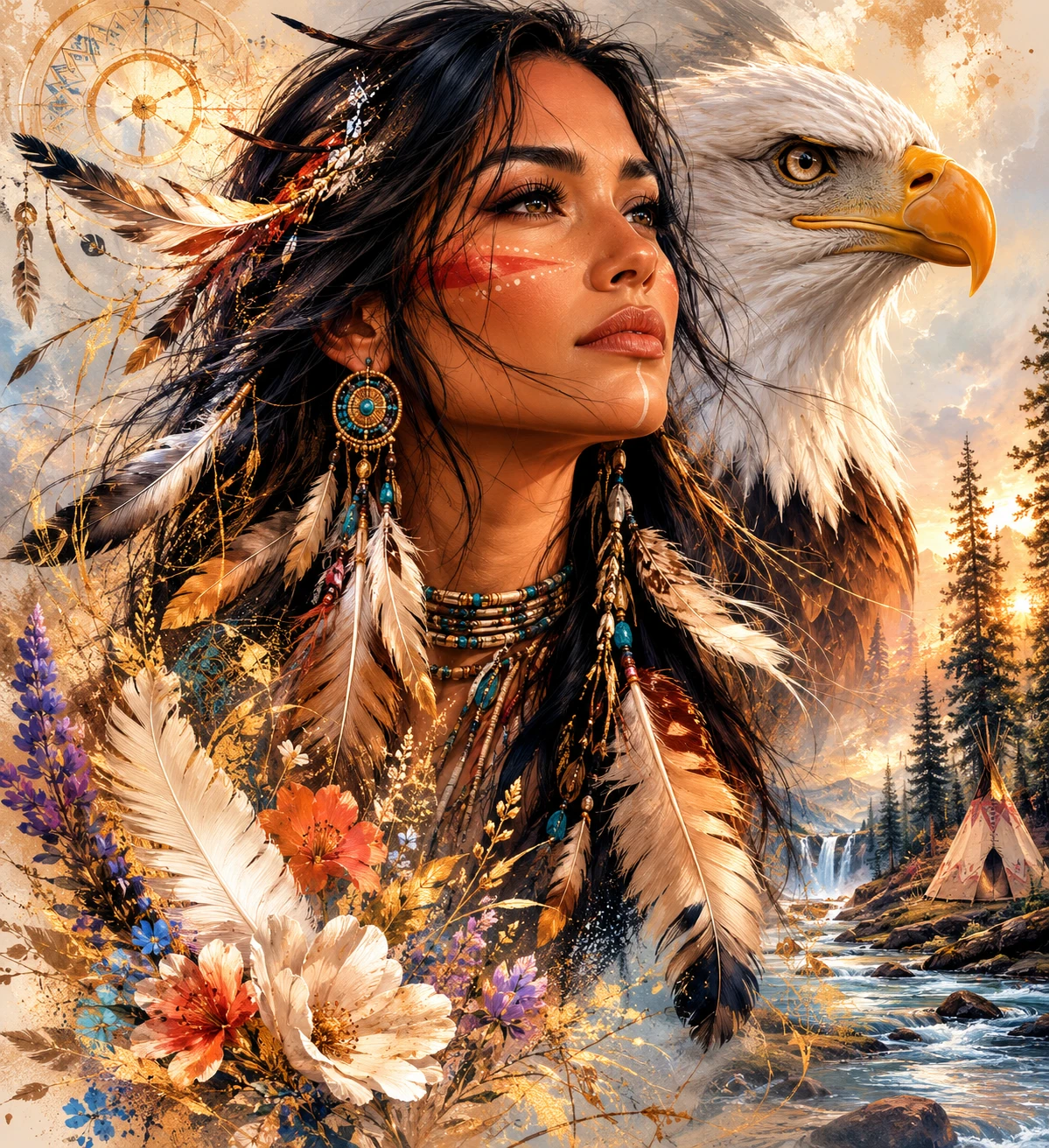 Mujer nativa americana con águila calva en arroyo del bosque