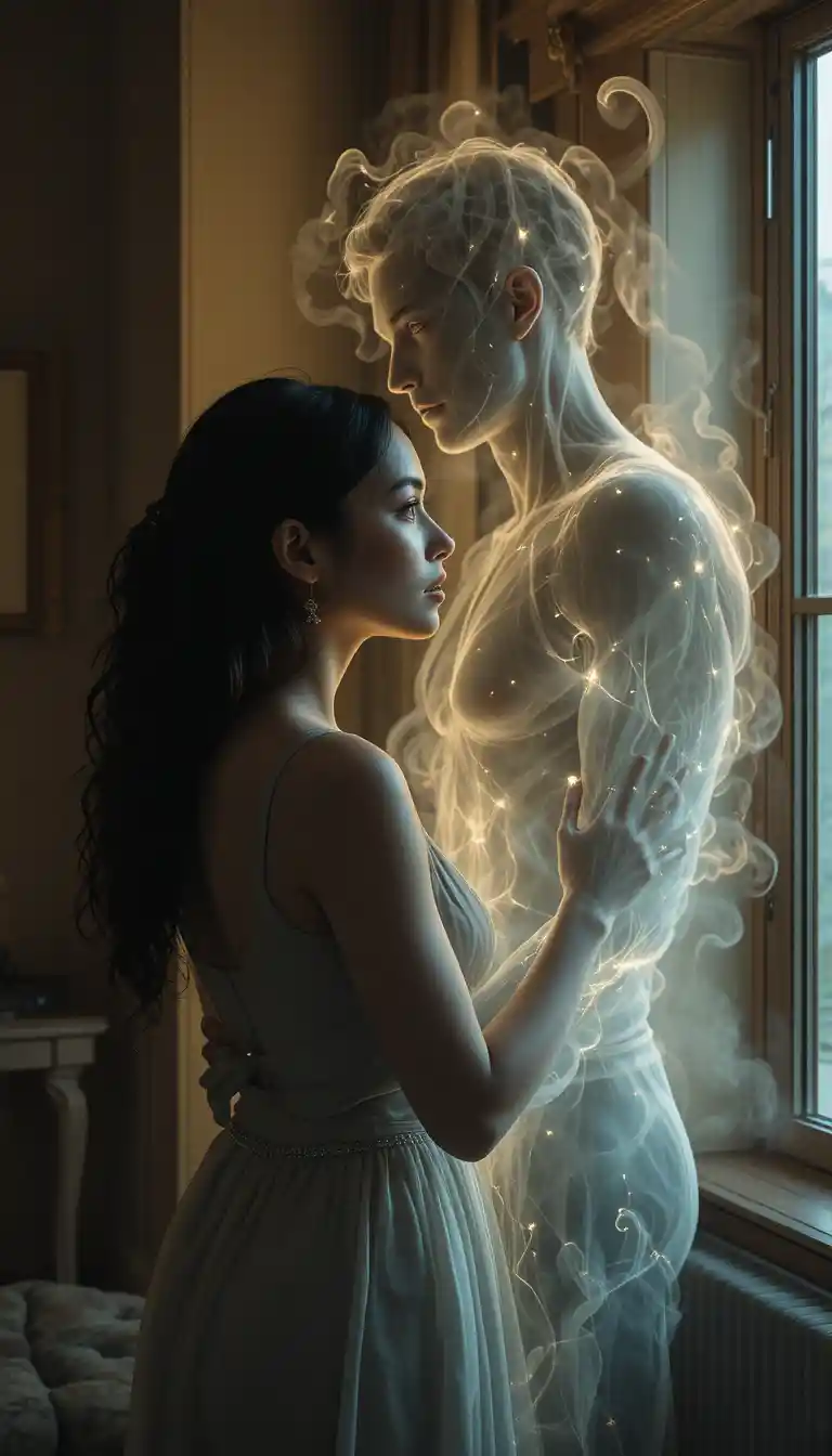 Woman embraced by ghostly husband in warm interior light